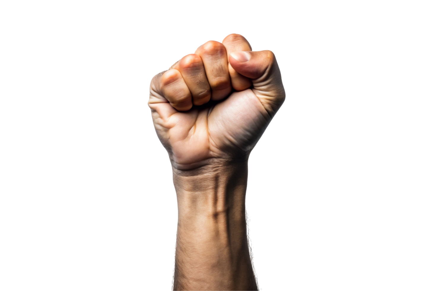 A human fist held high in a gesture of power and protest, isolated on a transparent background, conveying messages of strength, freedom, and solidarity png