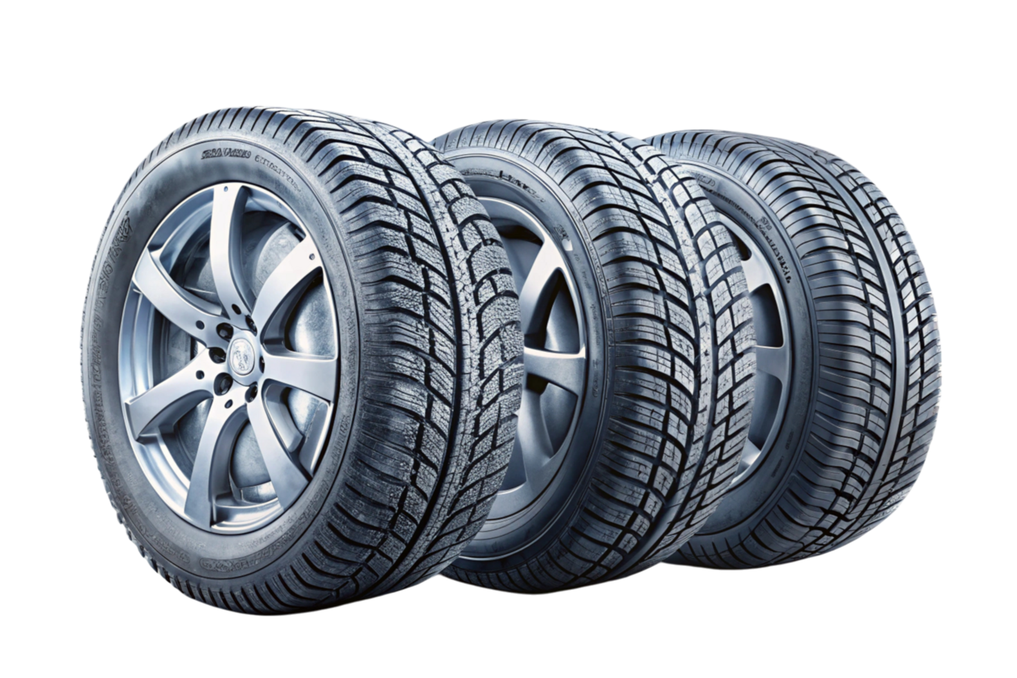 Set of four high performance winter tires with detailed tread patterns designed for snowy and icy conditions, displayed on a frosty background png