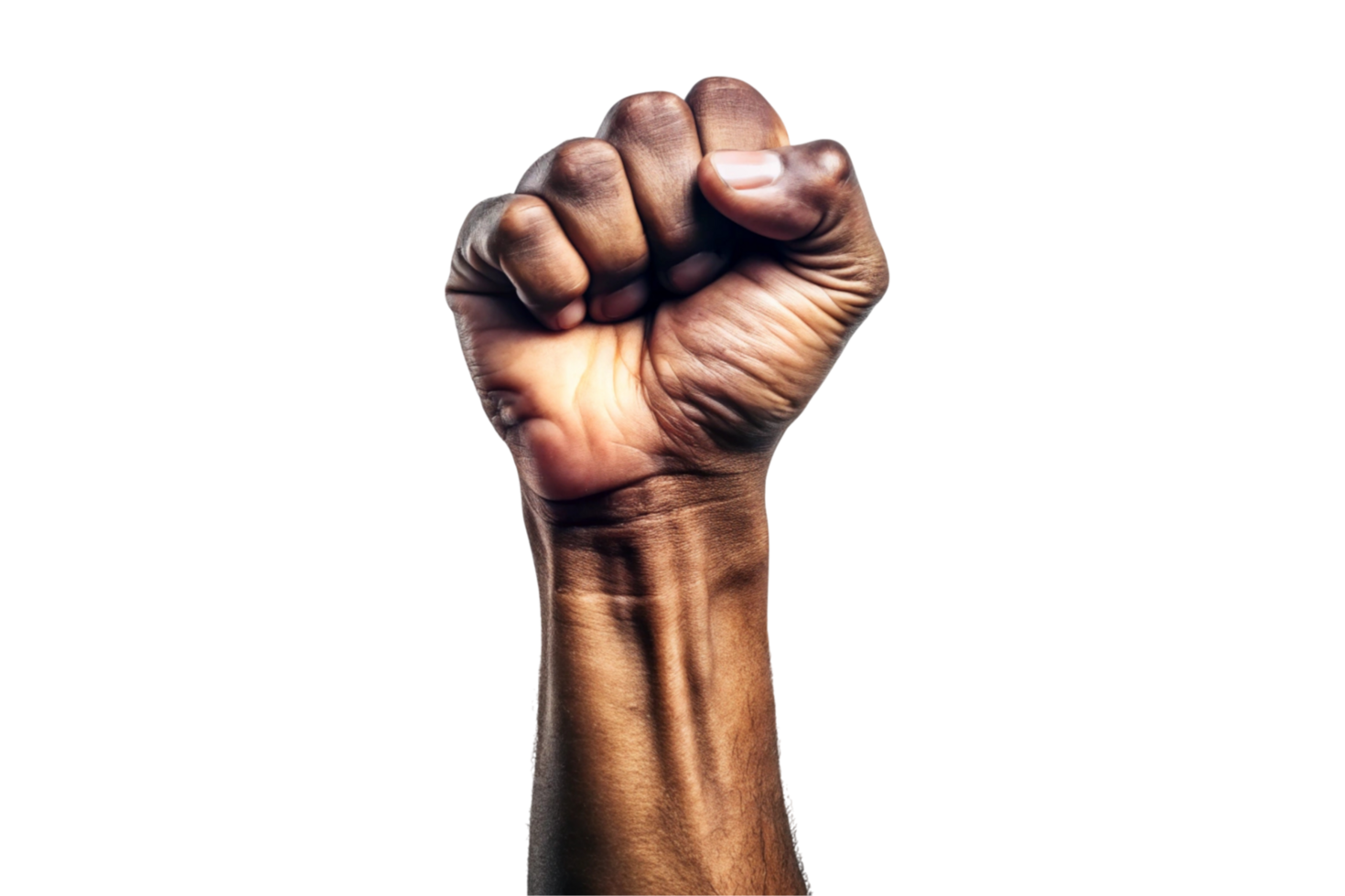 An image of a raised fist in the air, symbolizing power, rebellion, and justice, with a clean transparent background, often associated with social movements png