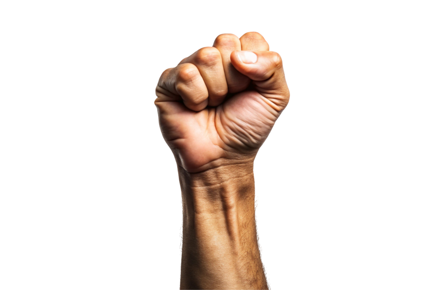 A strong raised fist gesture symbolizing solidarity and strength, isolated against a clean transparent background, representing empowerment and resistance png
