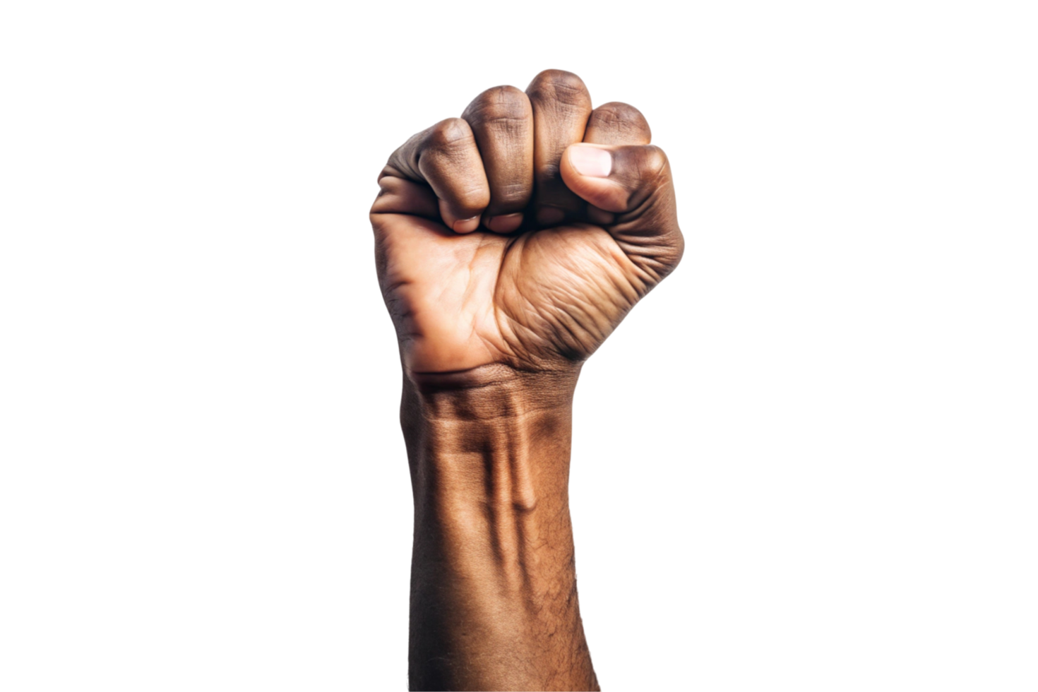 Close up of a clenched fist raised in the air, a powerful symbol of defiance and unity, on a neutral white backdrop for motivational and activism themes png