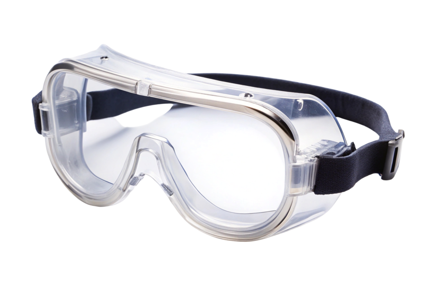 Close up view of transparent safety goggles with a black strap, designed for eye protection, isolated on a clean transparent background png