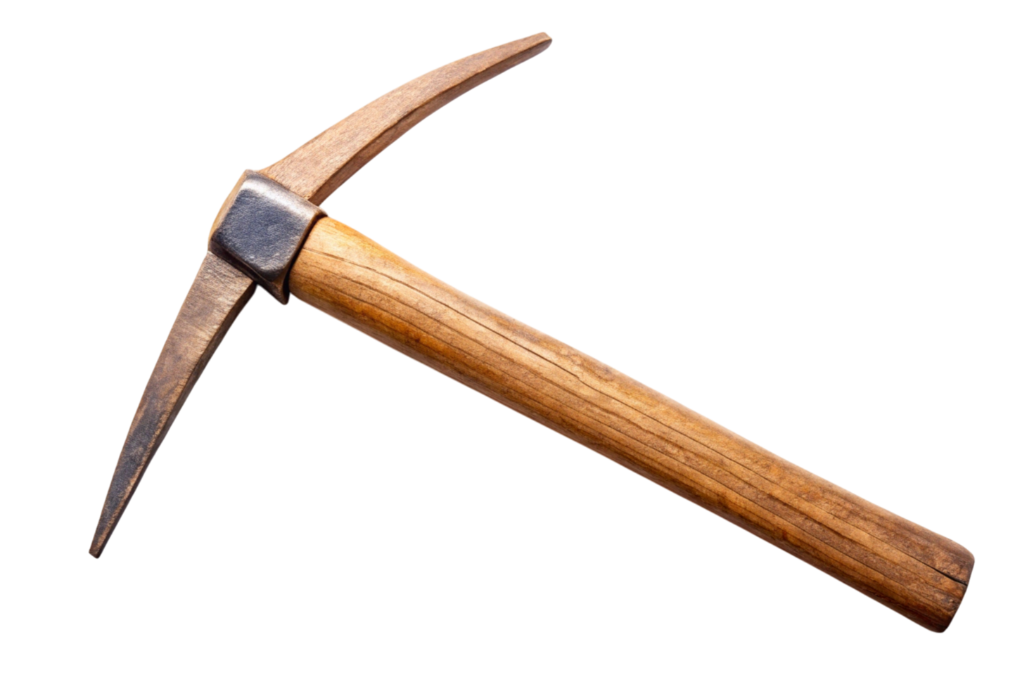 A close up view of a classic pickaxe with a wooden handle and metal head on a clean transparent background for mining and construction themes png