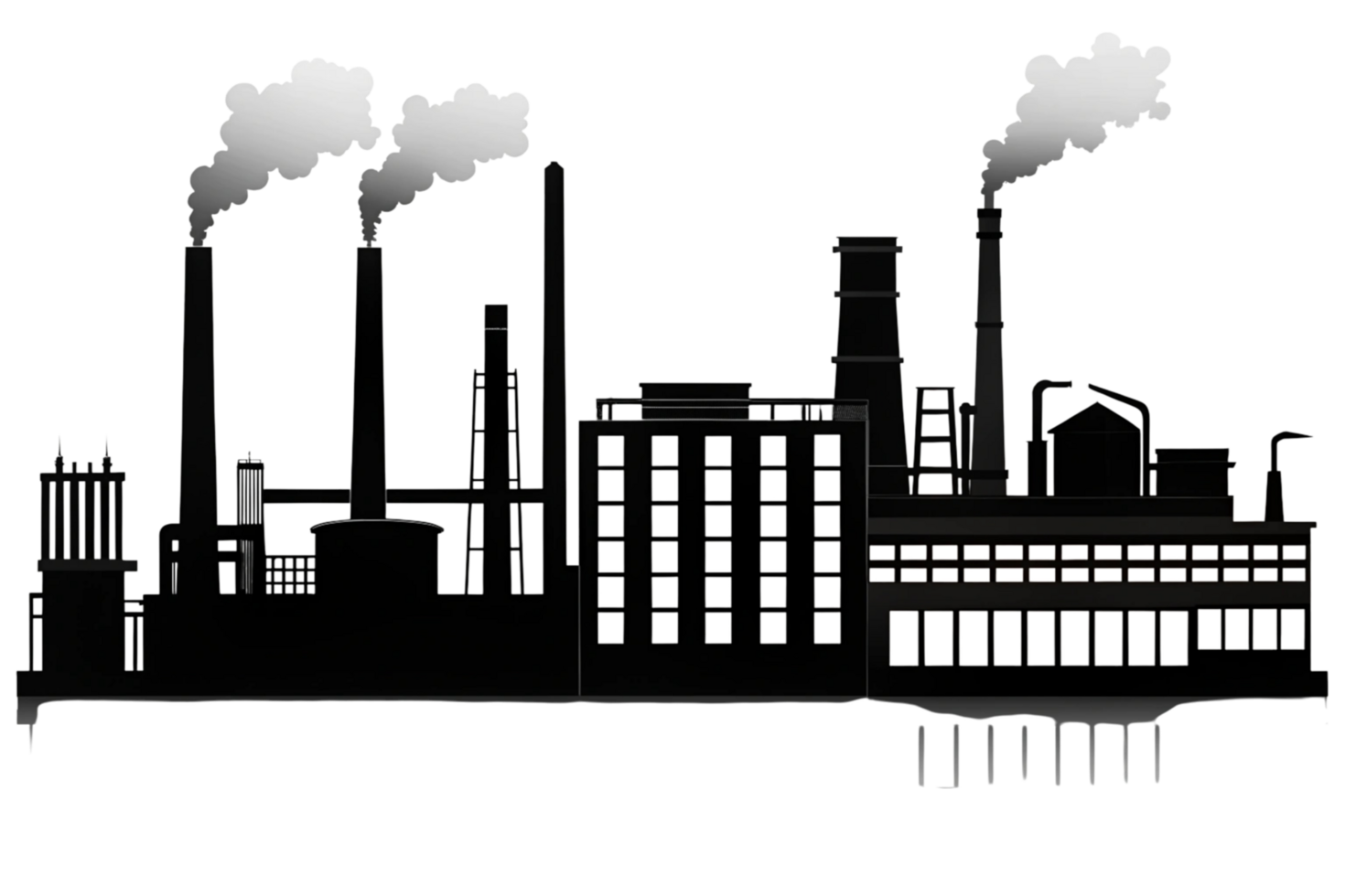 Industrial factory silhouette with chimneys emitting smoke, reflecting urban industry on a transparent background png