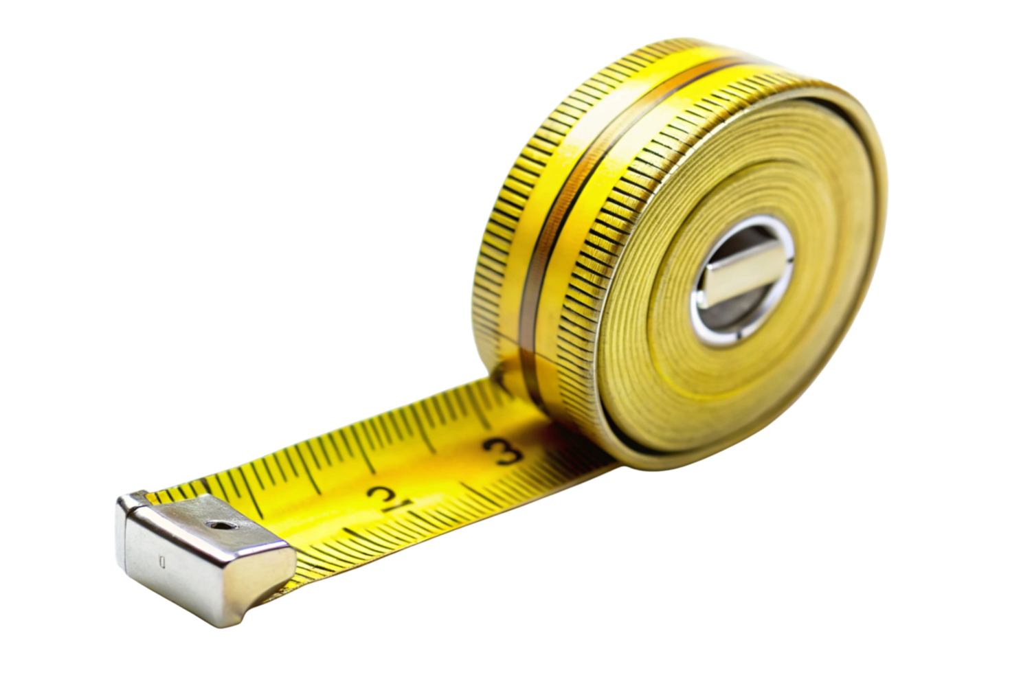 Yellow measuring tape with a metal edge, extended partially, isolated on a clean transparent background for construction or DIY use png
