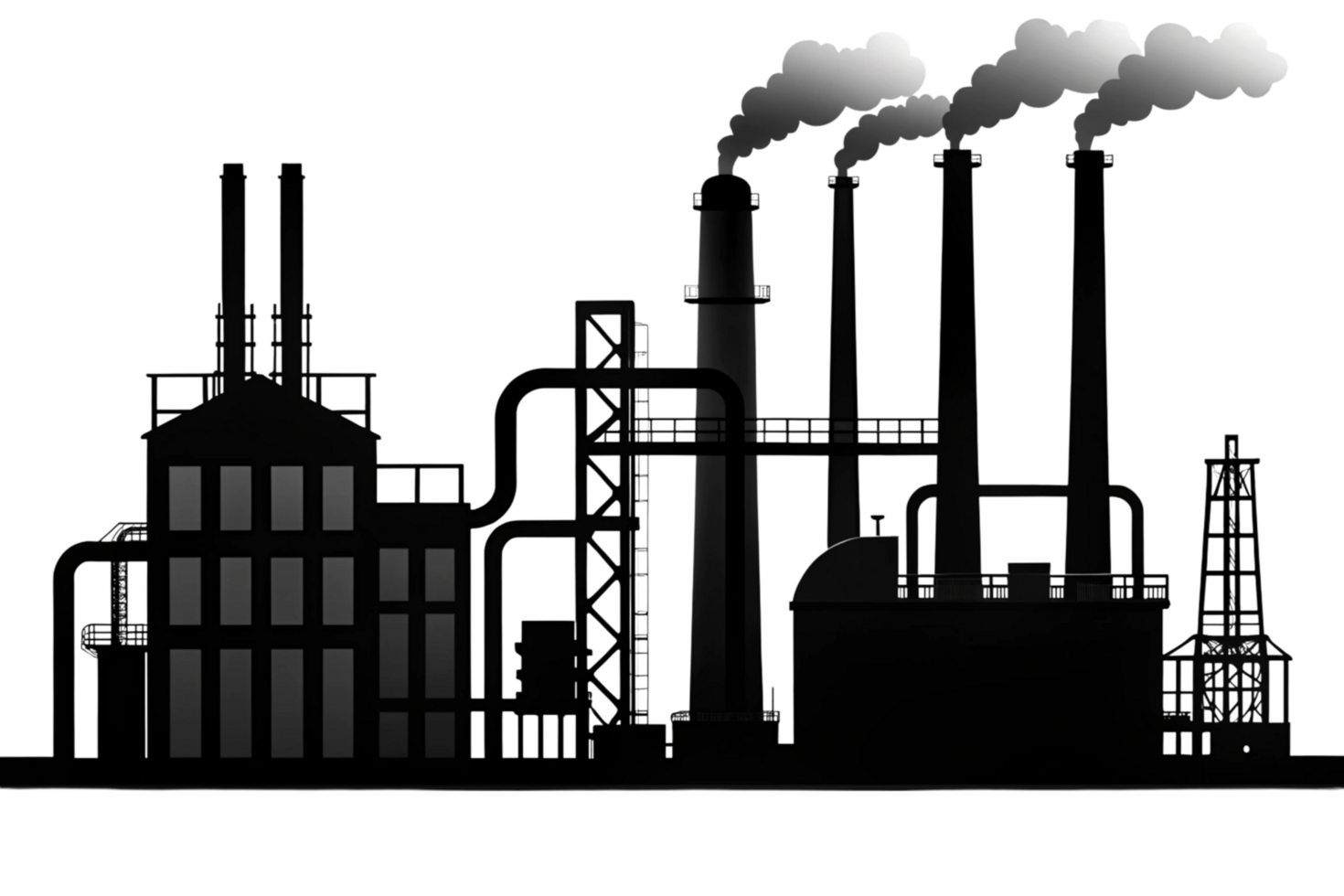 Detailed silhouette of an industrial factory skyline with smoking chimneys and refinery structures png