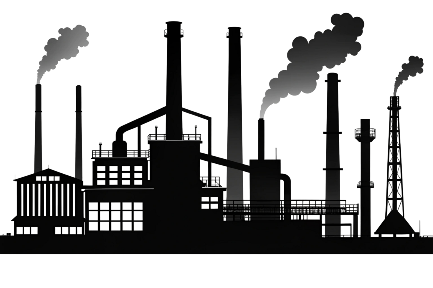 Monochrome factory illustration showing industrial buildings and chimneys on a white backdrop png