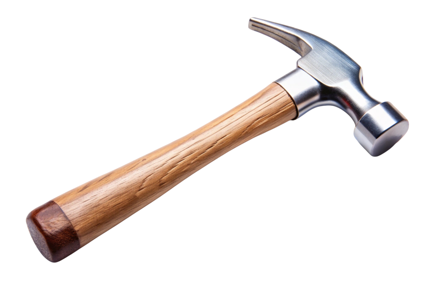 Single claw hammer featuring a smooth wooden handle and sleek steel finish isolated on a white surface, representing hand tools and repairs png