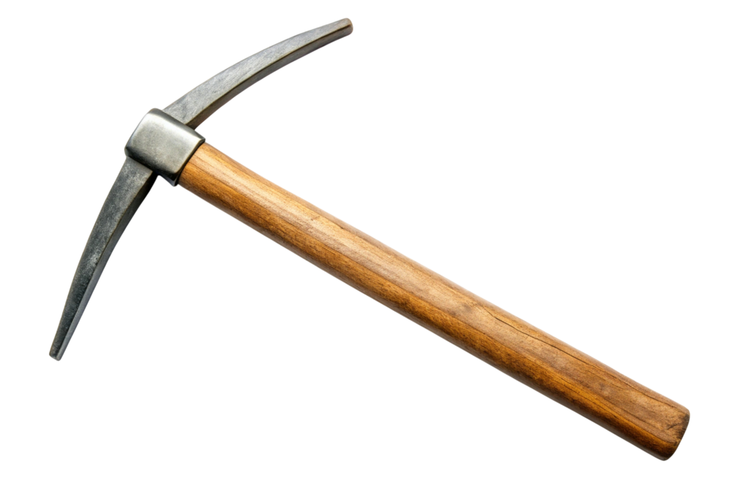 Traditional mining pickaxe with a sharp curved steel head, wooden handle, isolated on a transparent background for industrial and labor concepts png