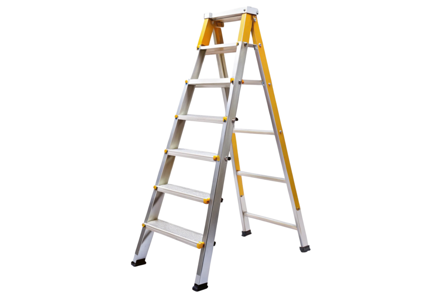 High quality aluminum step ladder isolated on transparent background for industrial and home use with secure footing and safety features png