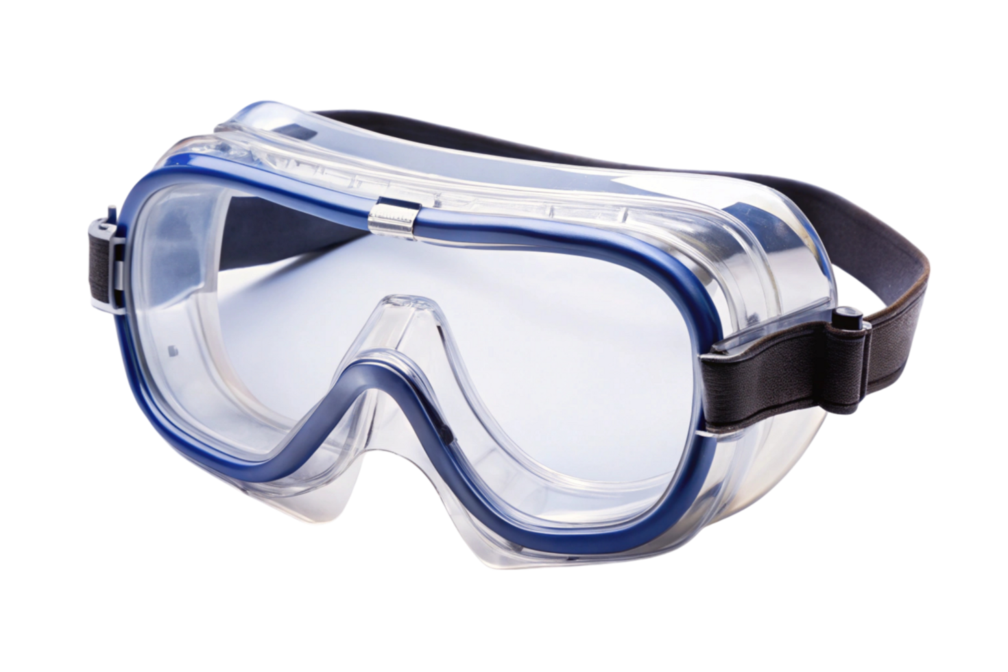 A pair of protective safety goggles with a clear lens and adjustable strap, perfect for industrial and construction use, set on a white backdrop png