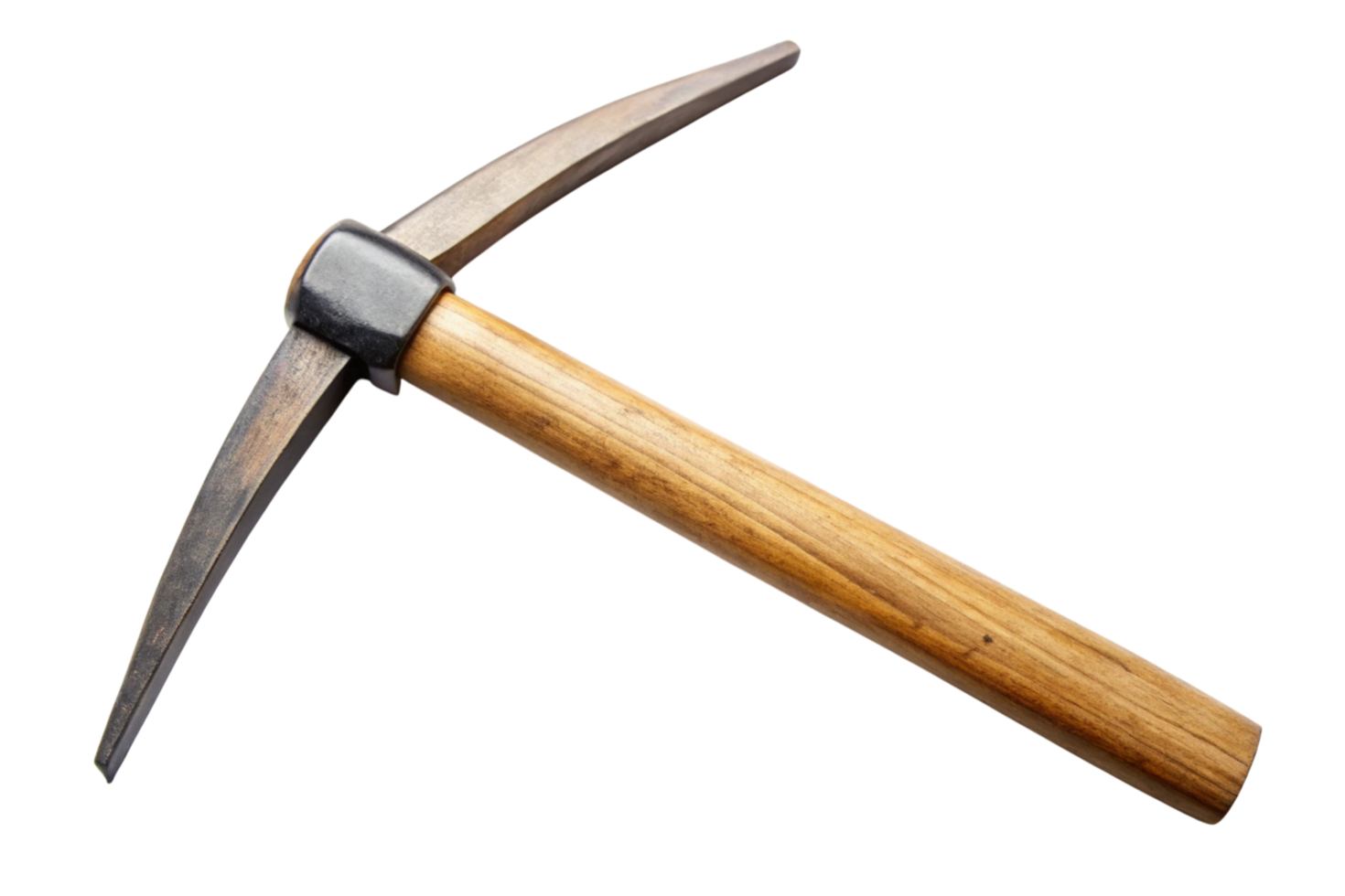Close up image of an old fashioned pickaxe with a strong wooden handle and metal head against a white backdrop, ideal for mining and working scenes png