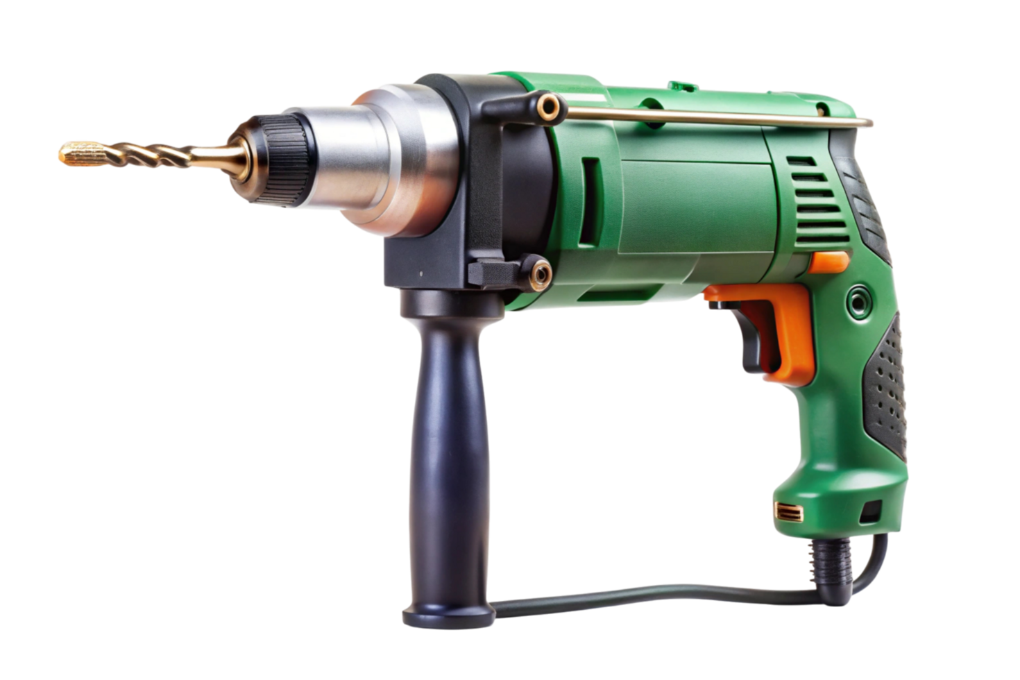 High quality green drill machine with detachable handle and sharp drill bit for precision drilling, displayed against a clean white backdrop png