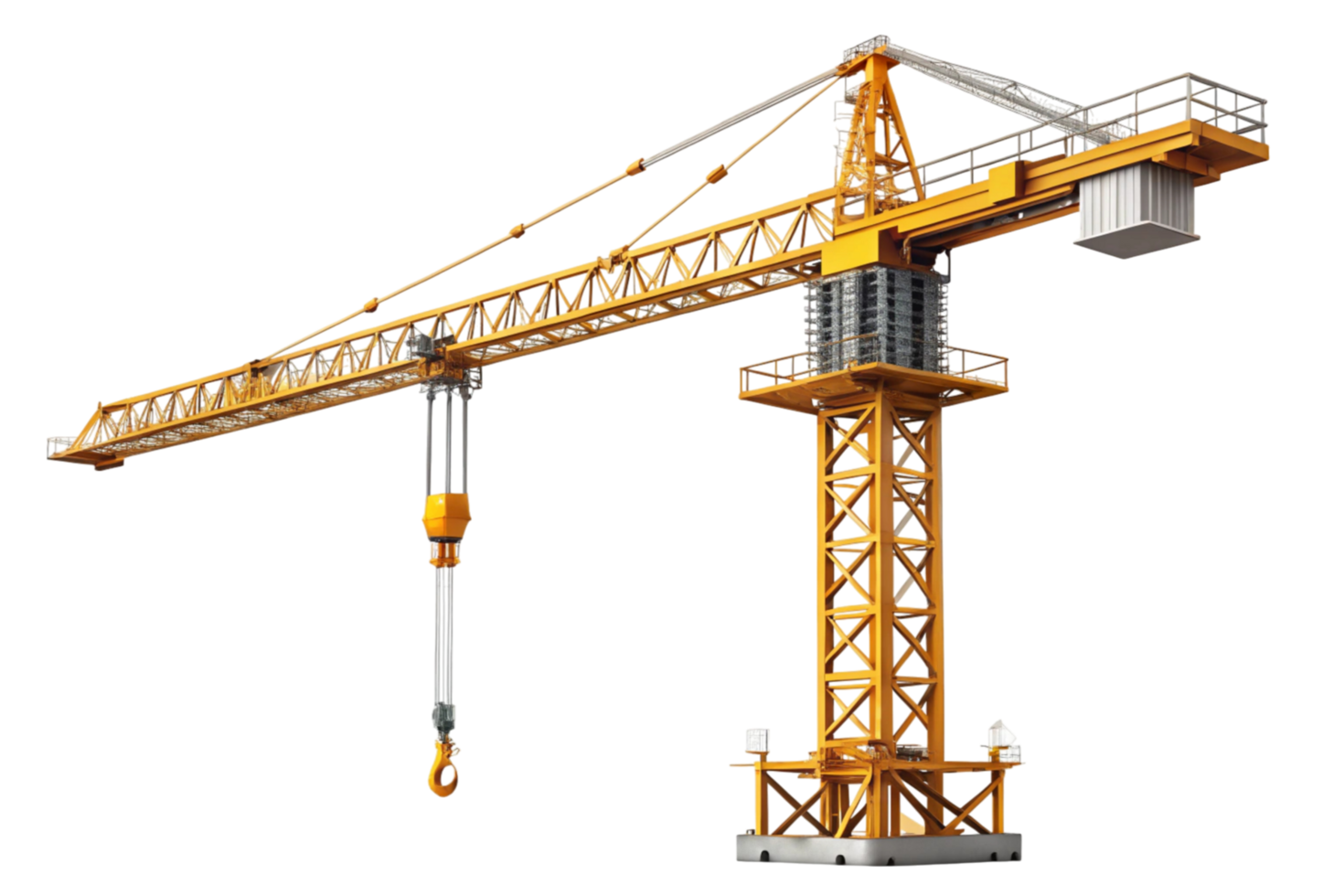 Industrial construction crane with extended arm and lifting hook, representing engineering, building, and infrastructure development png