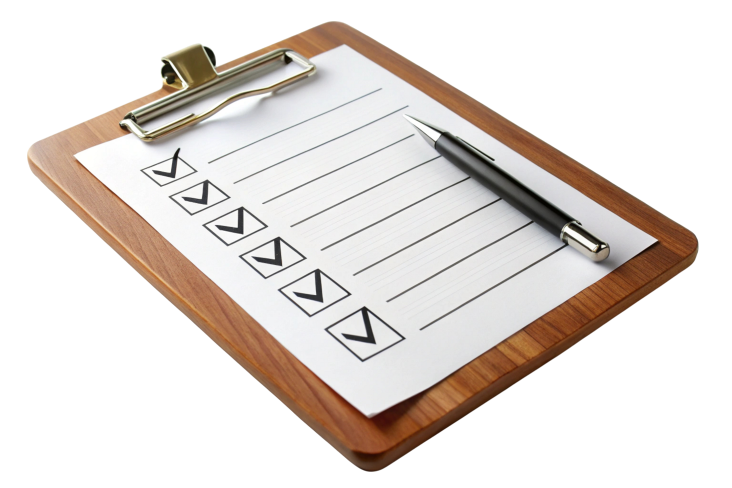Detailed image of a clipboard and pen with a marked checklist, highlighting business or personal productivity themes on a transparent background png