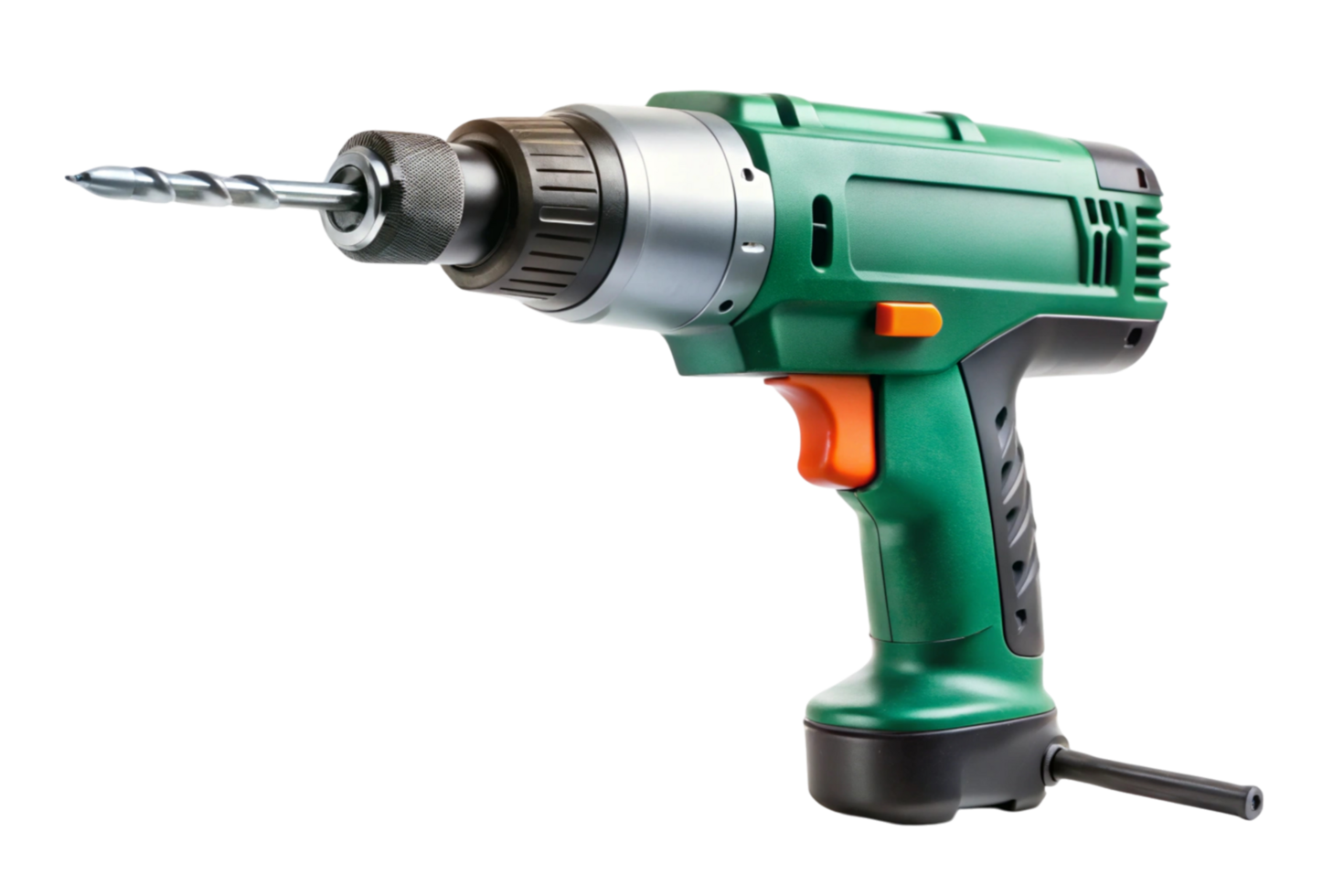 Close up of a green and orange electric drill machine with a metal drill bit, isolated on a transparent background for construction and DIY projects png