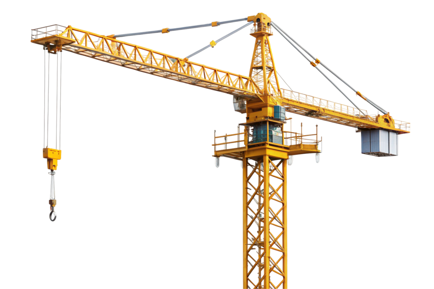 Tower crane designed for construction and engineering projects, emphasizing height, durability, and functionality on a clean white backdrop png