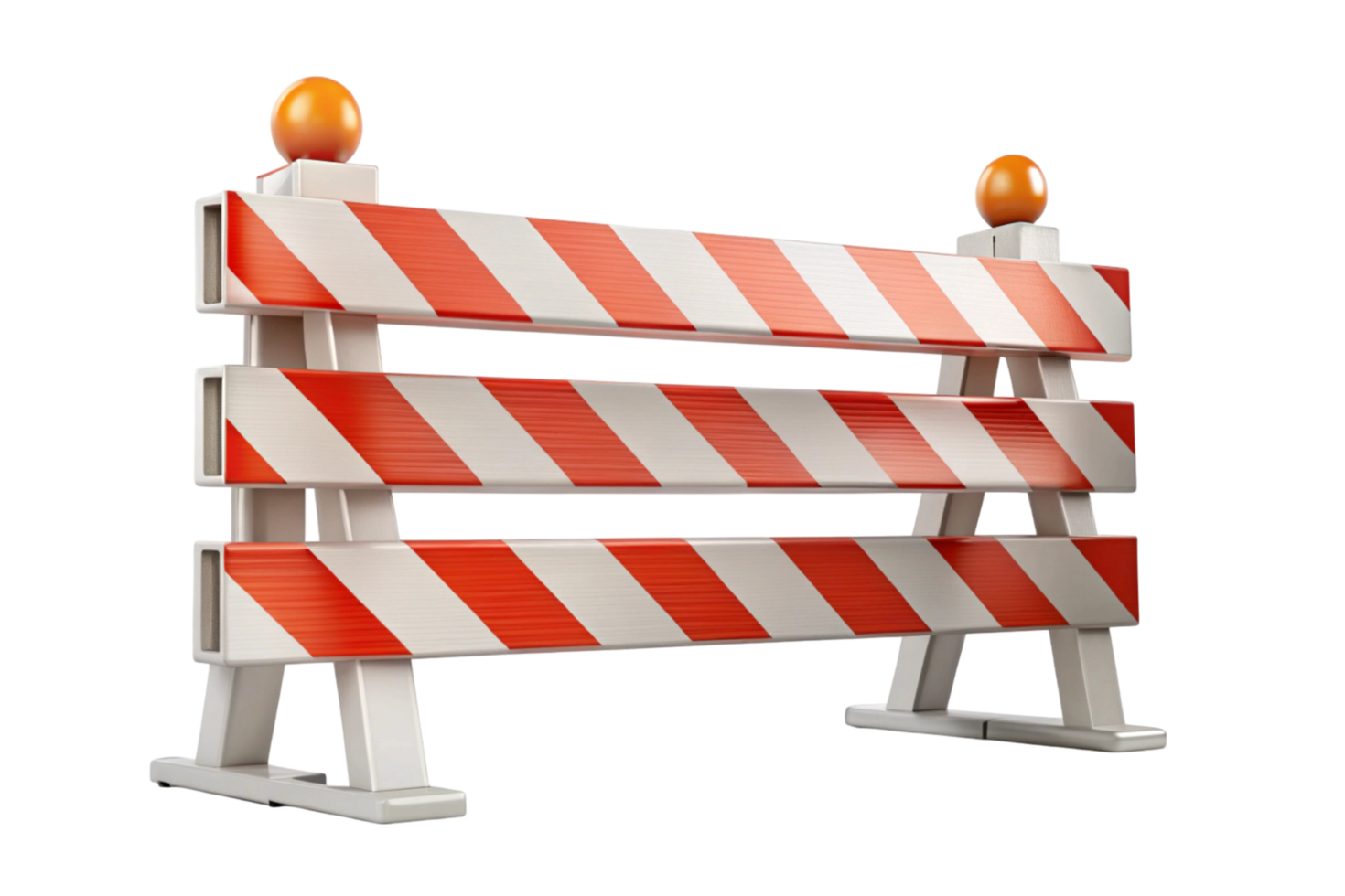 A traffic barricade with orange and white striped reflective pattern designed for road safety and construction zone marking, isolated on a transparent background png
