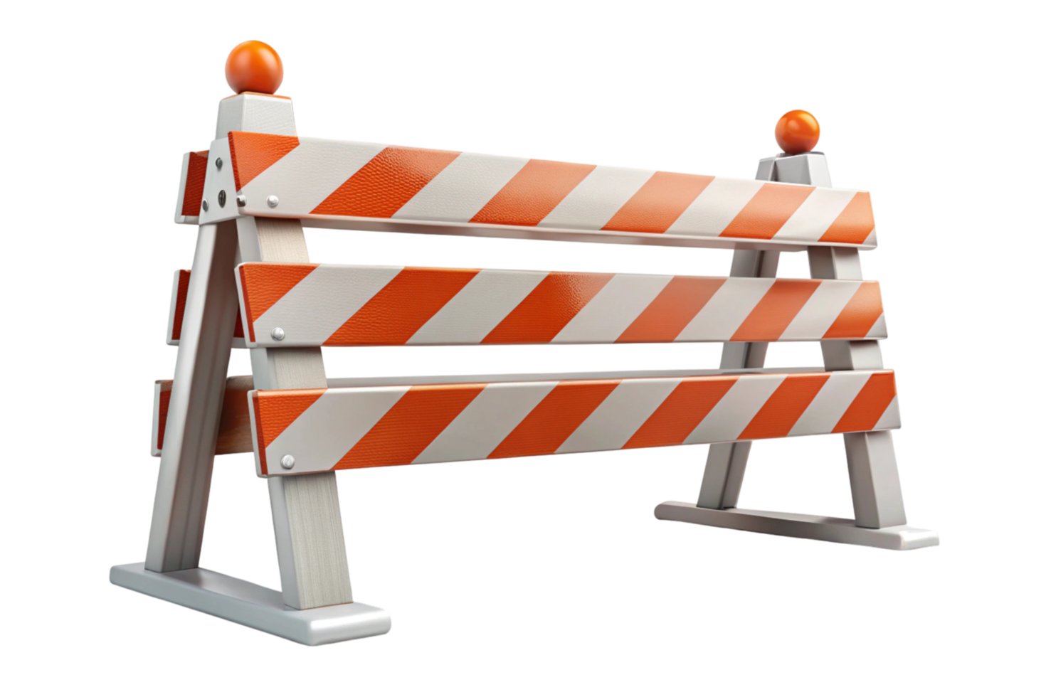 Construction zone traffic barricade with reflective orange light, white and orange striped pattern, warning safety equipment in a clean environment png