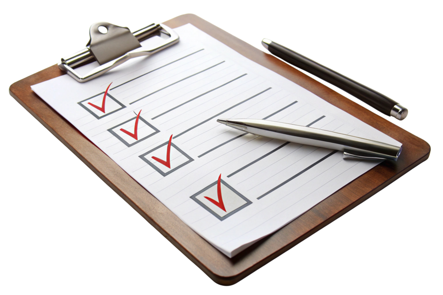 Professional clipboard holding a checklist with completed tasks, representing productivity, organization, and planning on a white surface png