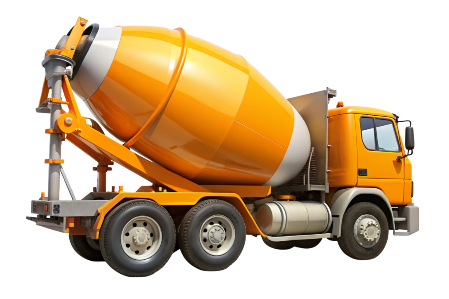 Modern cement mixer truck with vibrant orange drum and clean design, ideal for construction and industrial themes on a transparent background png