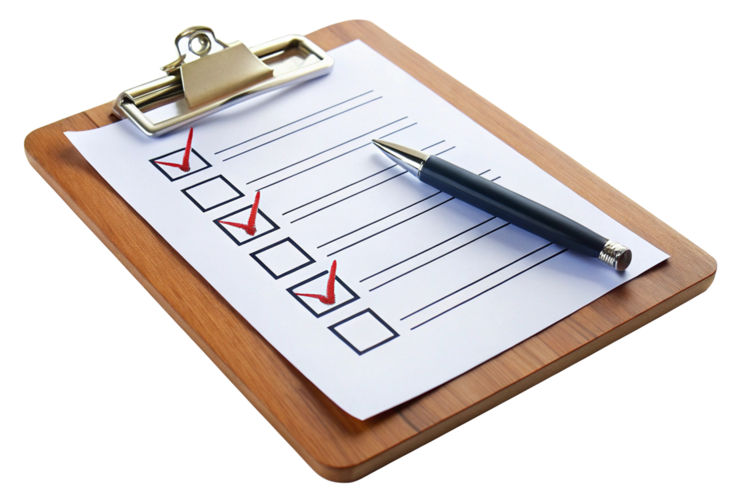 Wooden clipboard with a completed checklist and pen, emphasizing organization, planning, and productivity on a clean transparent background png