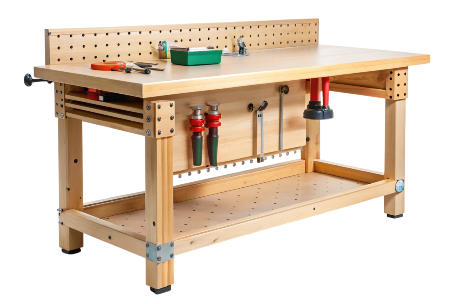 Wooden workbench with a pegboard tool storage, drawers, and a selection of tools such as screwdrivers and a wrench png