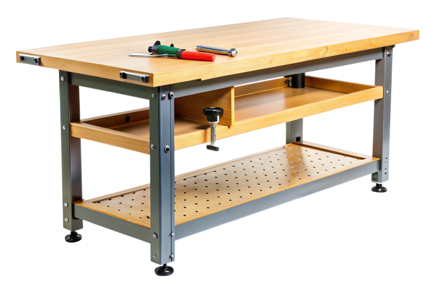 Close up view of a wooden workbench with tools on top including a hammer, screwdriver, and wrench in a workshop environment png