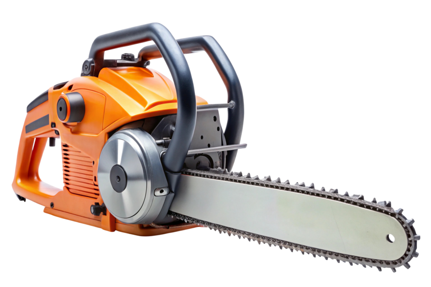 Professional chainsaw with ergonomic handle and durable chain mechanism for cutting trees and heavy duty tasks, studio shot on transparent background png