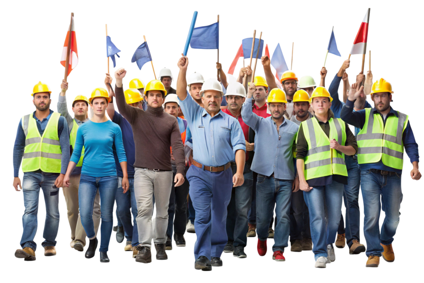 A group of construction workers protesting with colorful flags, demonstrating teamwork and determination on a bright, clean background png