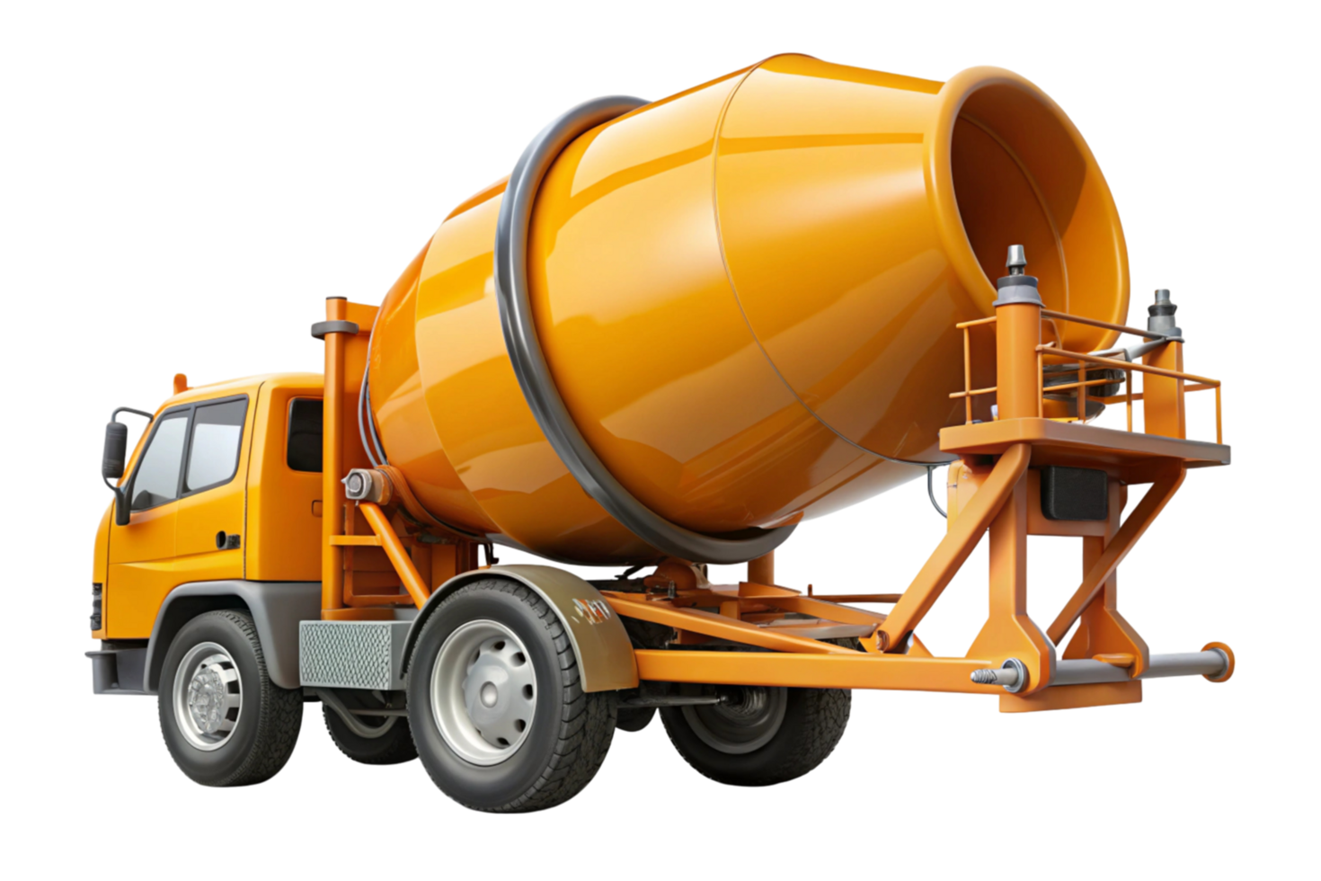 High resolution image of a cement truck with a rotating drum, showcasing construction equipment and heavy machinery in clean clarity png