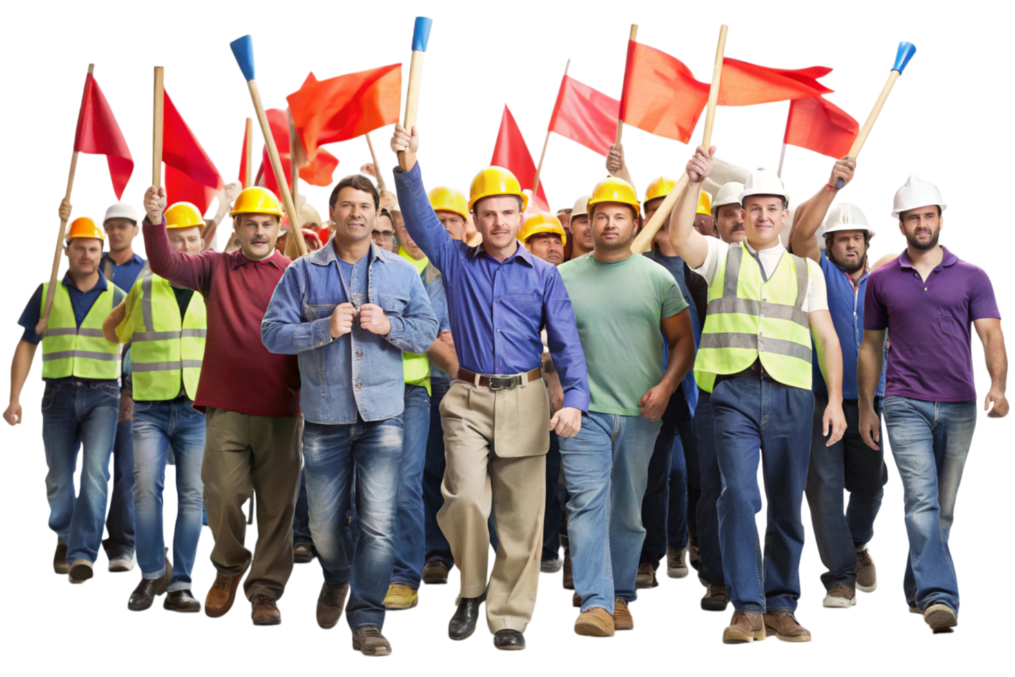 Workers in protective gear holding various flags, marching in unity to make their voices heard in a protest on a transparent background png