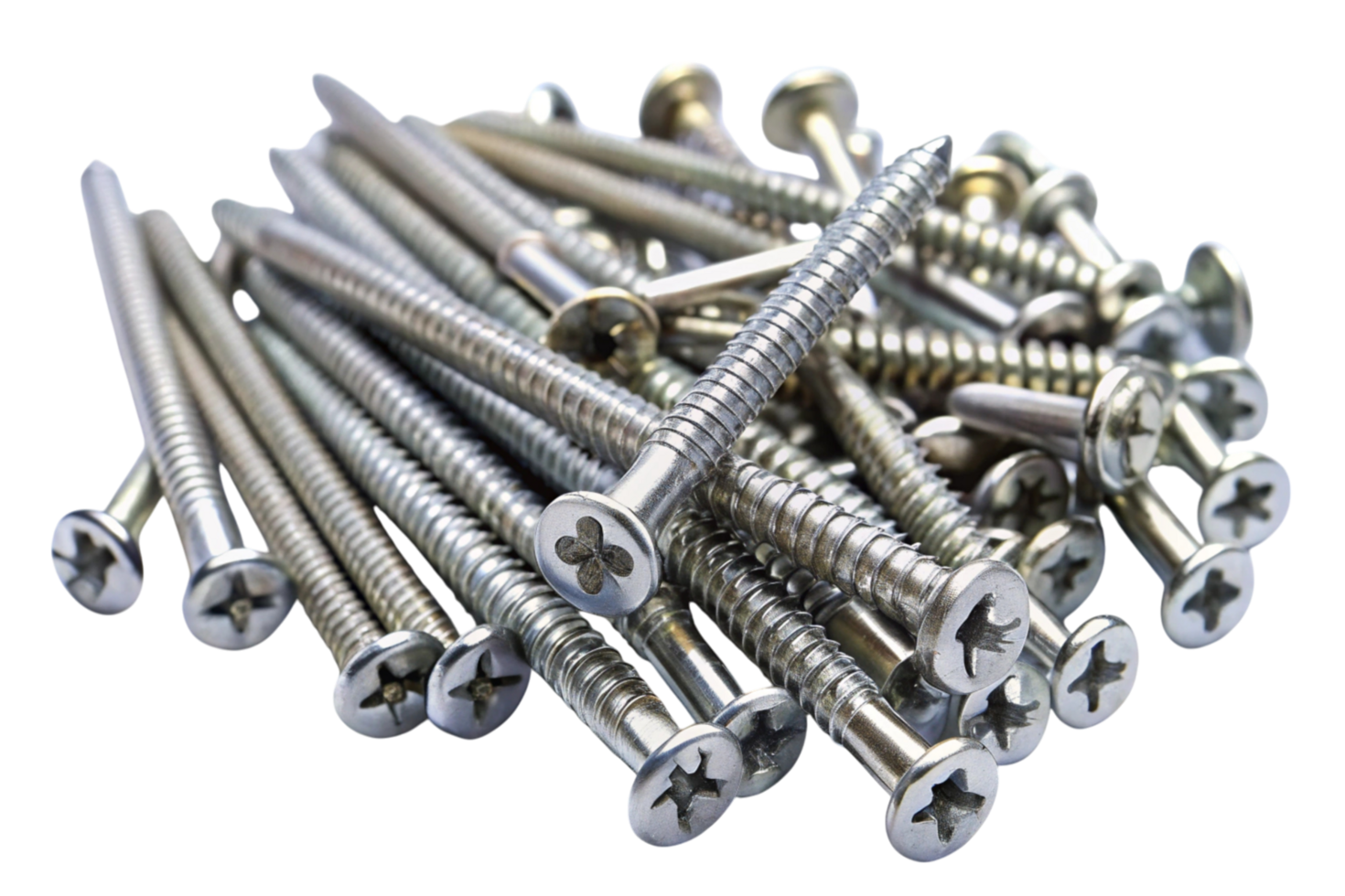 Close up view of a variety of metal screws and nails with different sizes and finishes, suitable for construction and repair work png