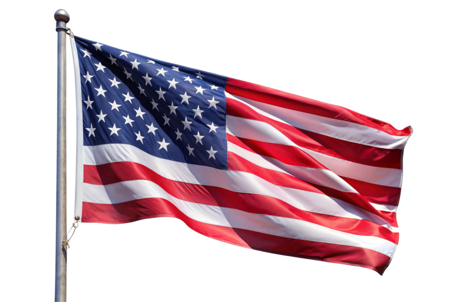 American flag waving on a pole isolated against a transparent background symbolizing freedom, patriotism, and national pride png