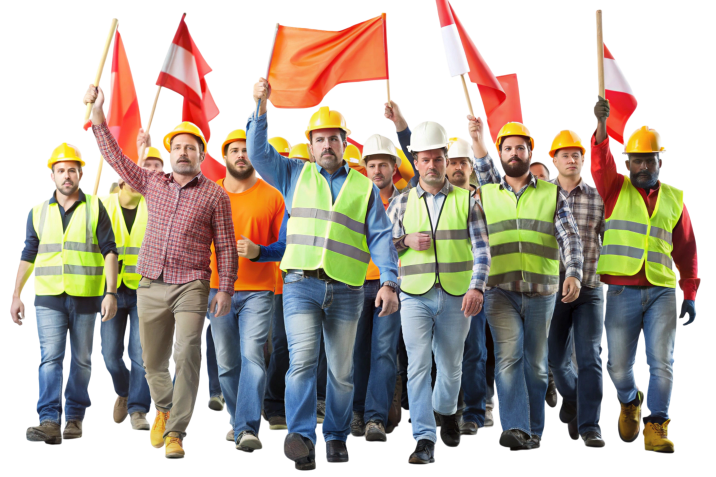 Construction workers with hard hats and reflective vests raising flags during a protest or union rally on a white backdrop png