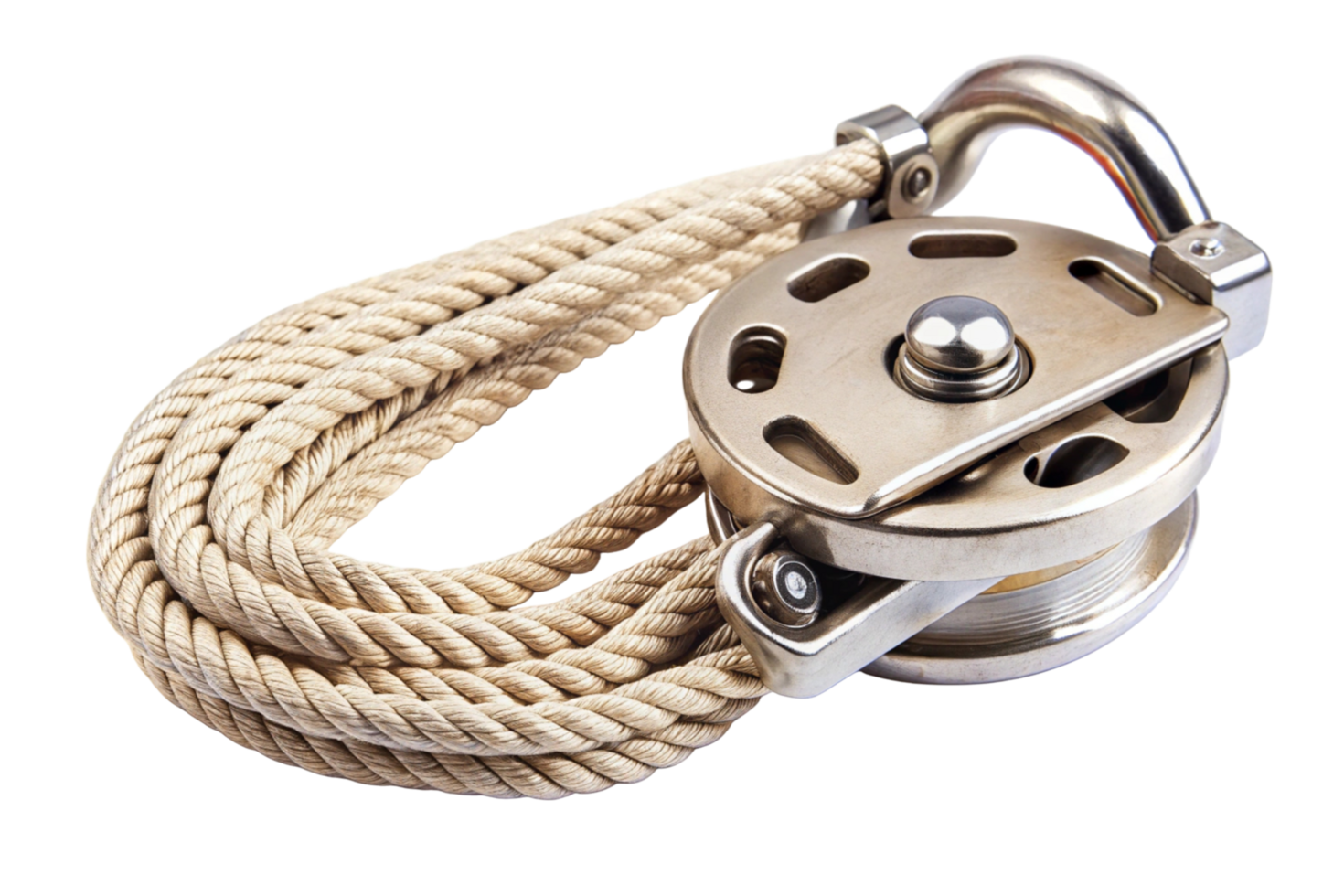 Detailed view of a steel pulley with rope wound around it, ideal for use in lifting and rigging systems, on a white backdrop png