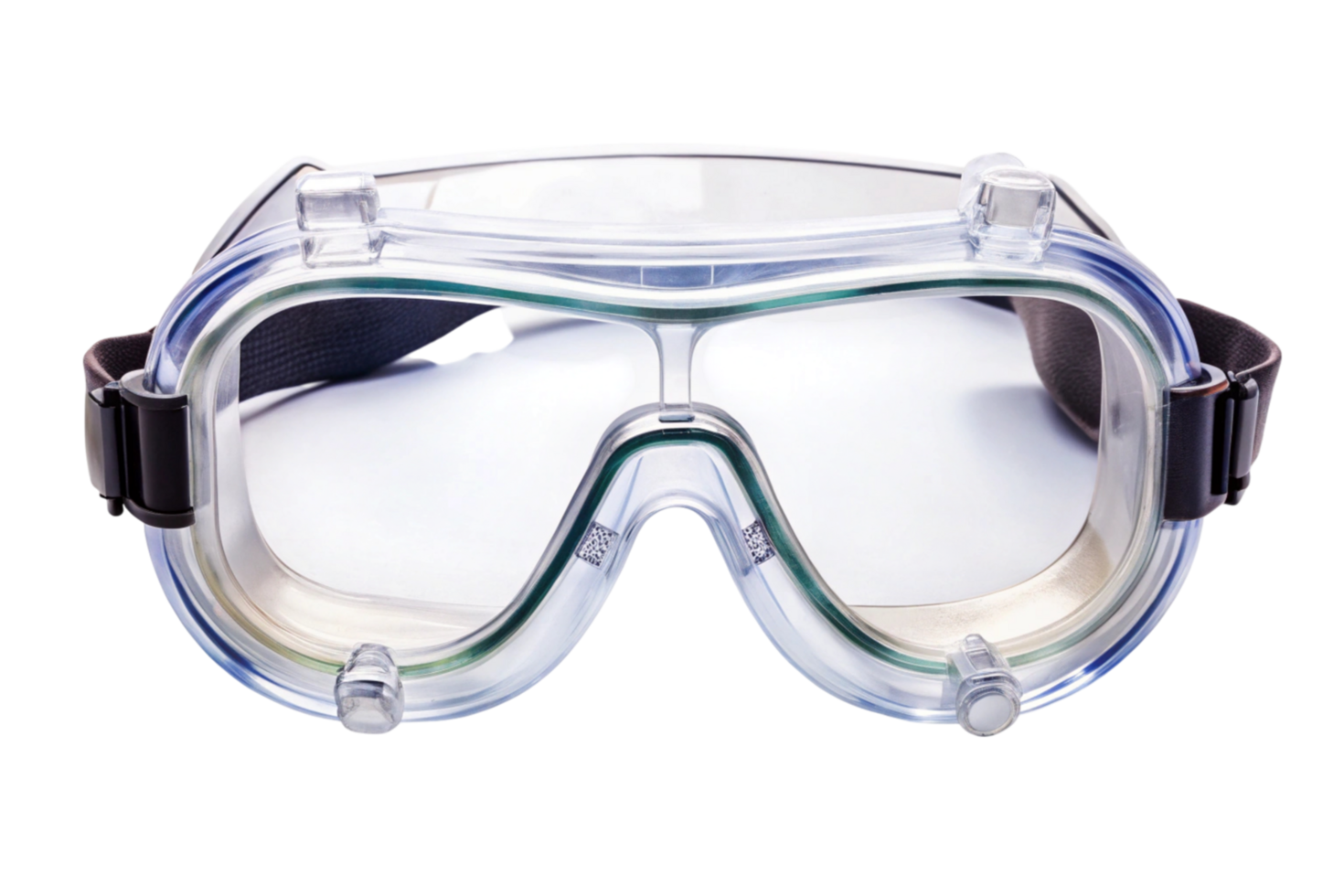 Professional safety goggles with a soft strap and clear lenses, ideal for work environments requiring eye protection, isolated on a transparent background png