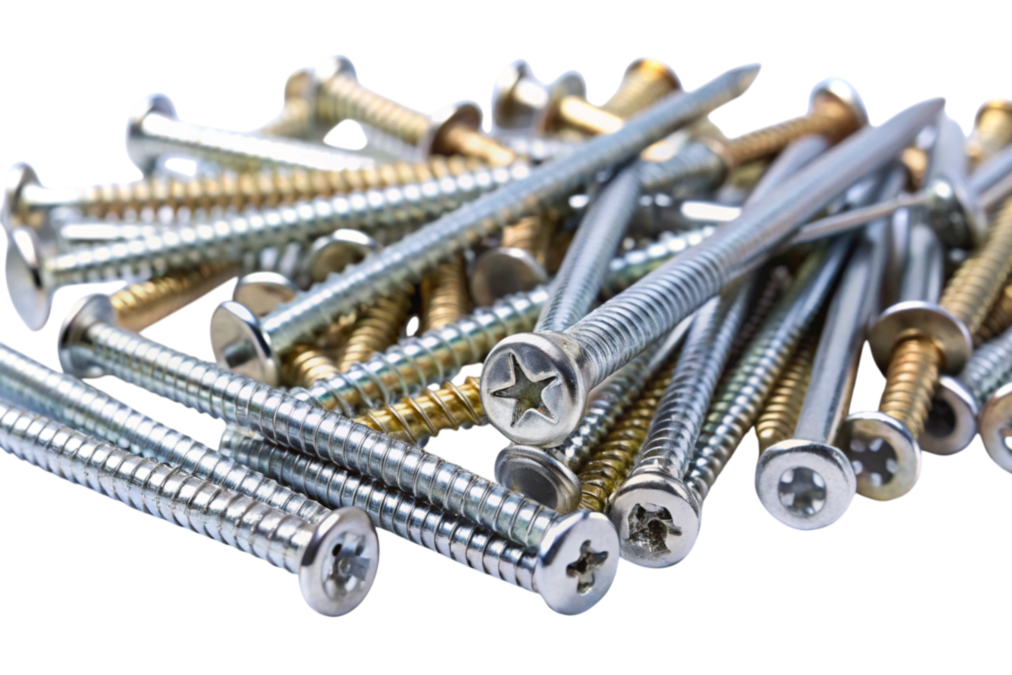 Macro shot of industrial screws and nails on a plain transparent background, showcasing detailed textures and shapes of essential hardware png