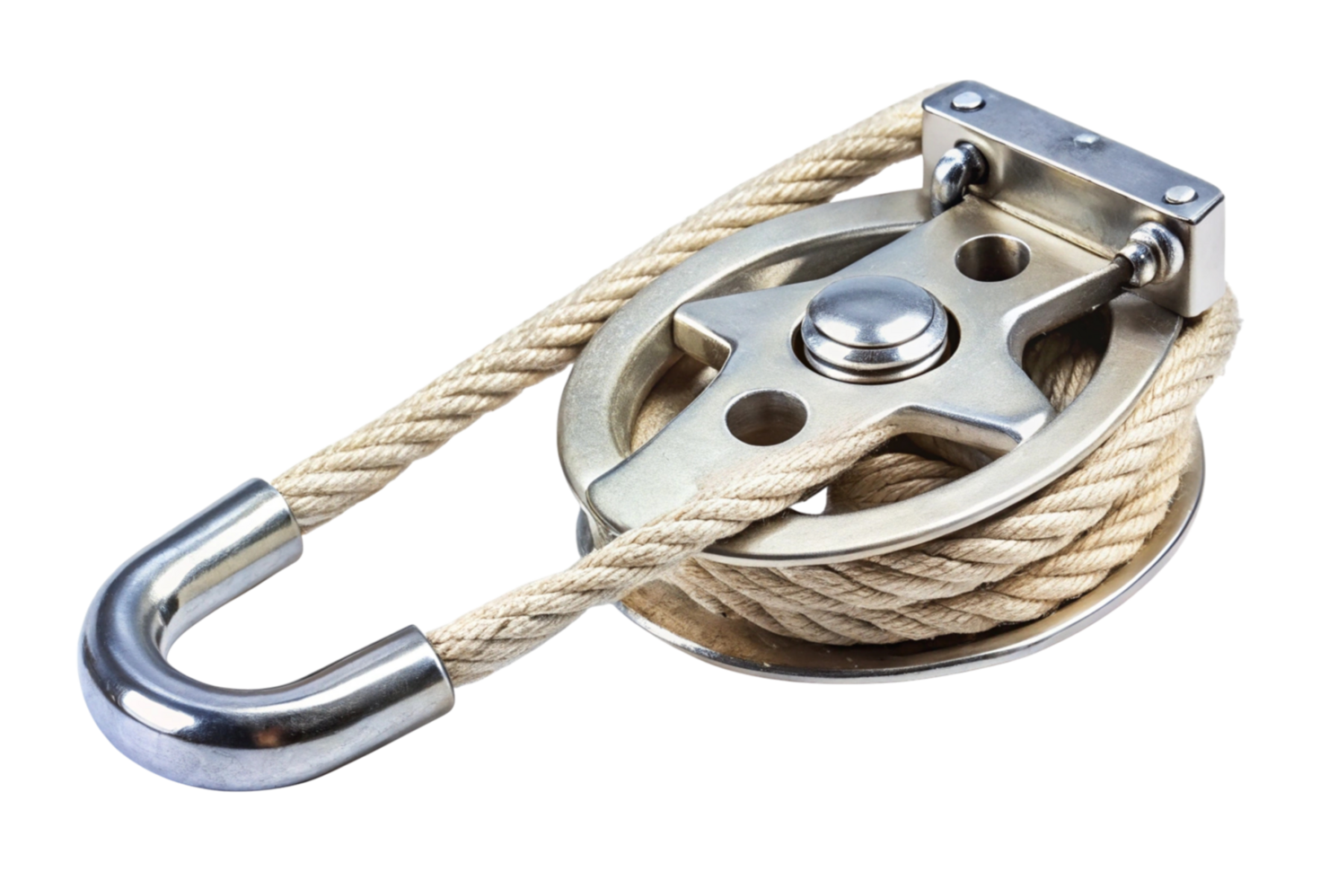 Close up of a metallic rope pulley with a thick rope, designed for lifting and mechanical purposes, isolated on a clean transparent background png