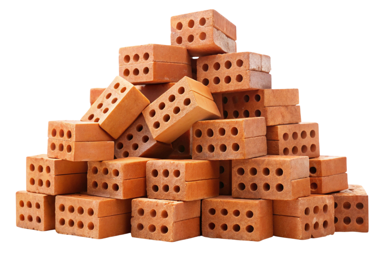 Close up of a large heap of terracotta bricks with square holes, used for construction projects and building materials, on a white backdrop png