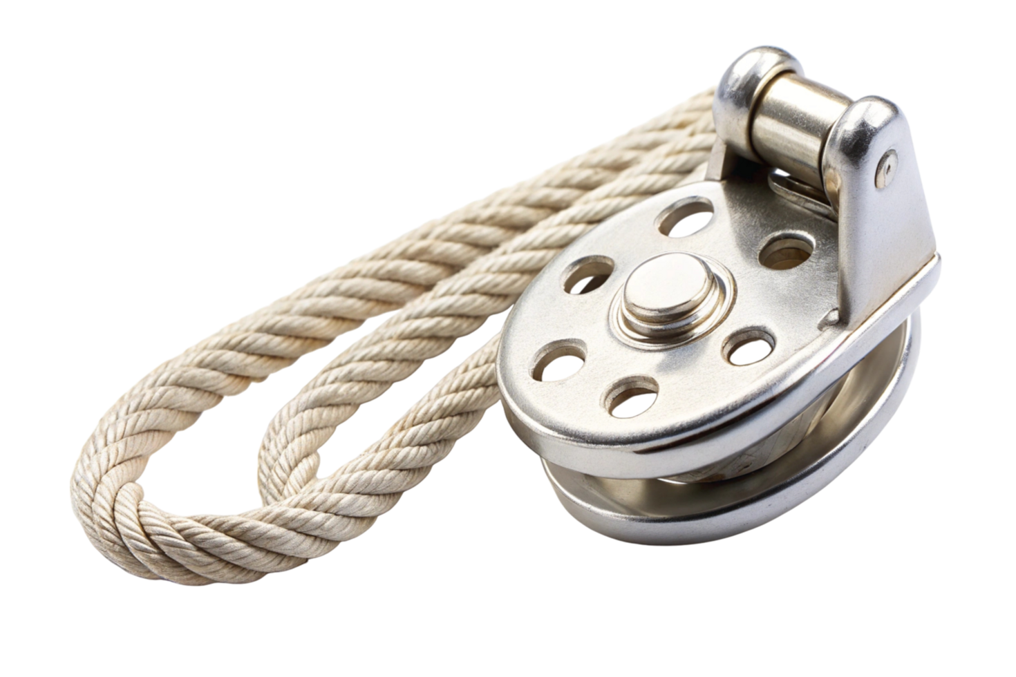 A shiny metallic pulley with rope, a crucial component for mechanical systems and lifting equipment, isolated on a transparent background png