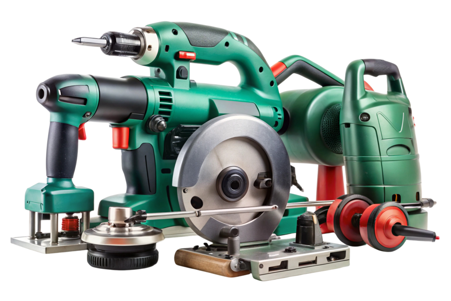 An assortment of power tools such as drills, sanders, and grinders on a transparent background, perfect for renovation, maintenance, and DIY tasks png