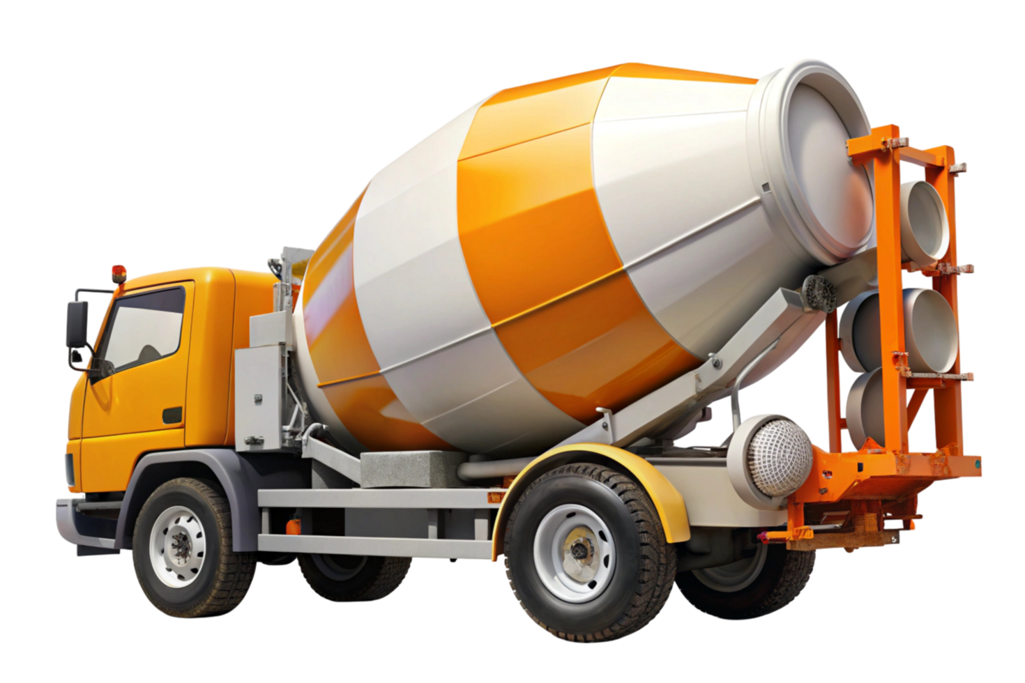 Detailed close up of a concrete mixing vehicle, highlighting the durable structure and functionality on a clean transparent background png
