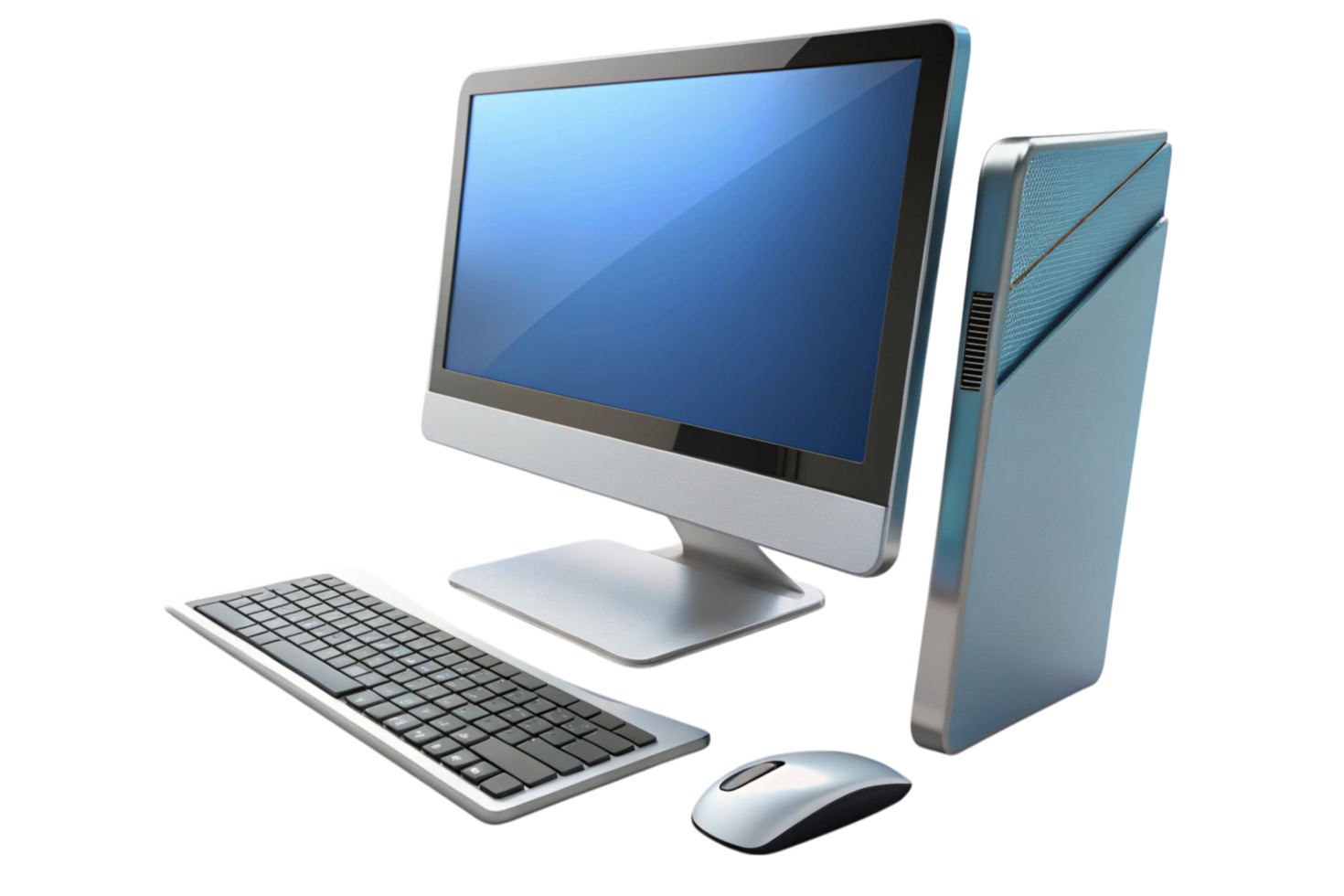 Elegant desktop PC with ultra thin monitor, advanced peripherals, and stylish design, ideal for office or home workspace environments. png