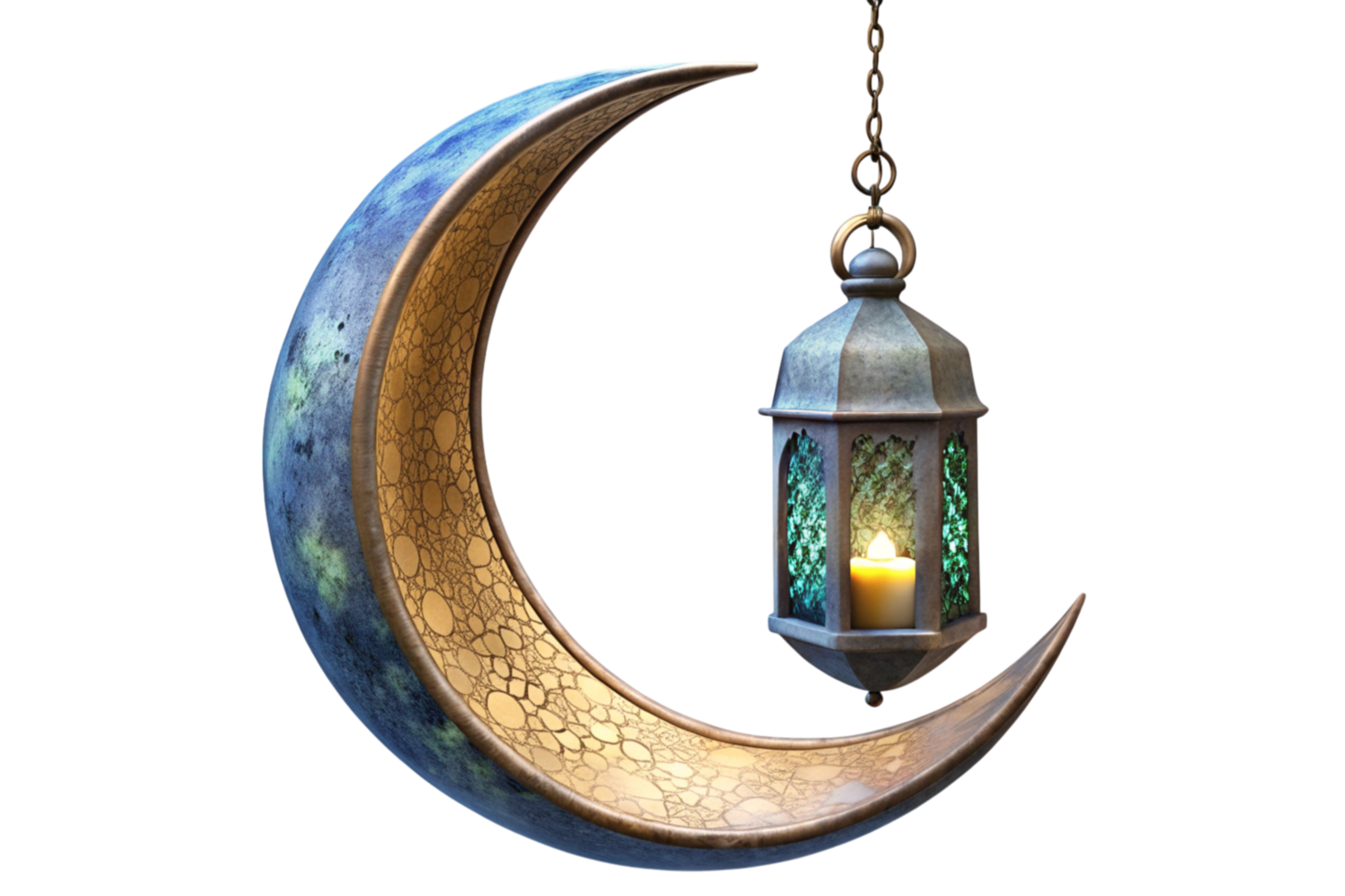Artistic design of a crescent moon paired with illuminated lanterns, representing Ramadan traditions and a festive ambiance. png