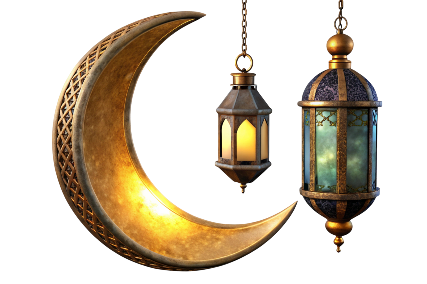 Beautiful crescent moon with intricate details and hanging lanterns, symbolizing Islamic culture, Ramadan, and spirituality. png