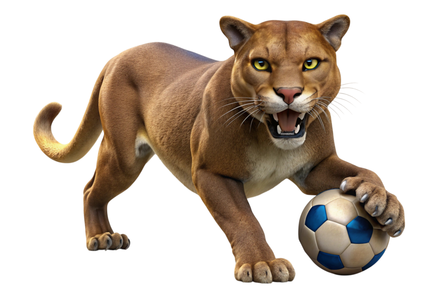 Powerful 3D cougar showing aggression while gripping a soccer ball, symbolizing strength, agility, and dominance in a vivid design. png