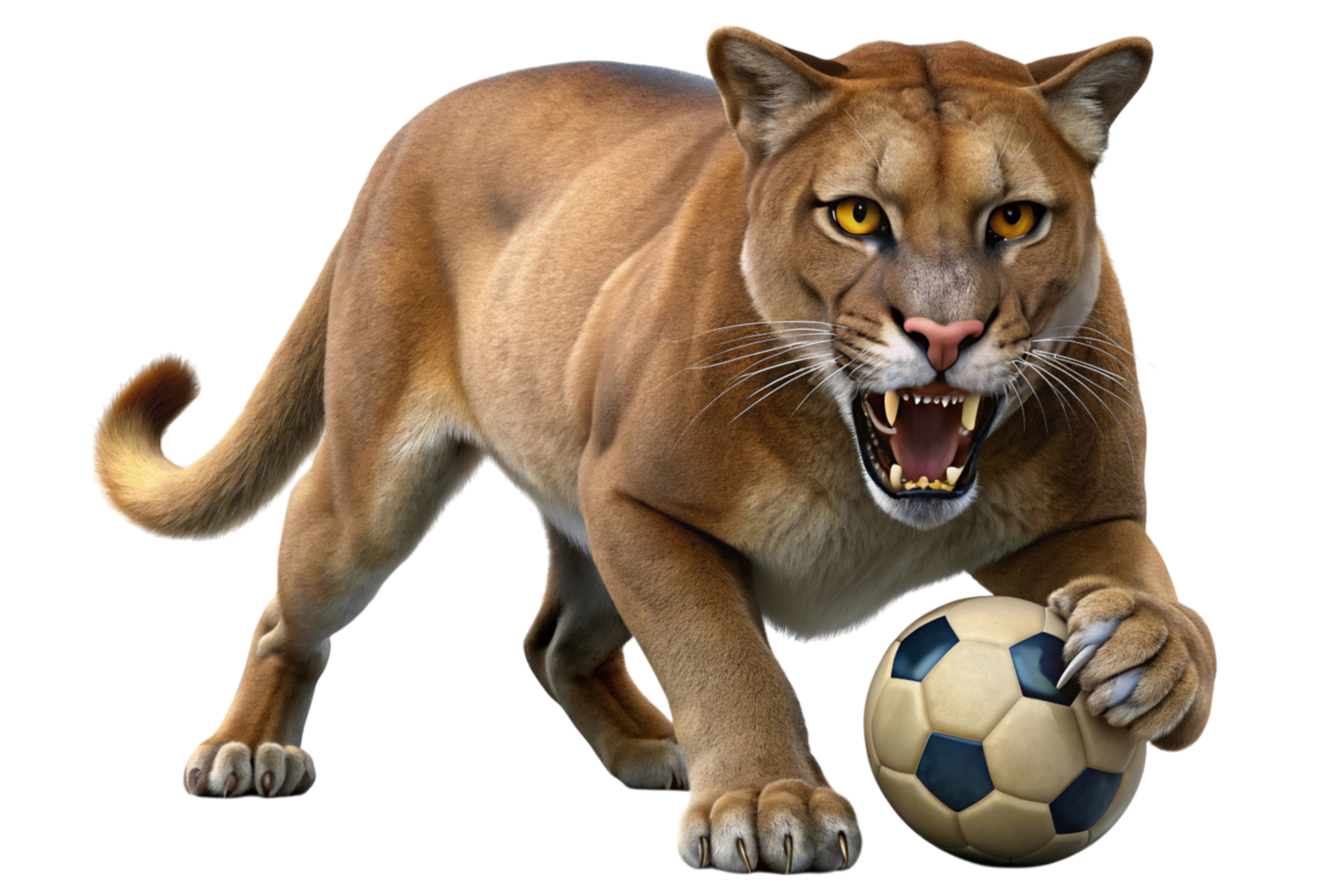 Realistic 3D illustration of a fierce brown cougar with intense expression, sharp claws, and a soccer ball in a dynamic and engaging pose. png
