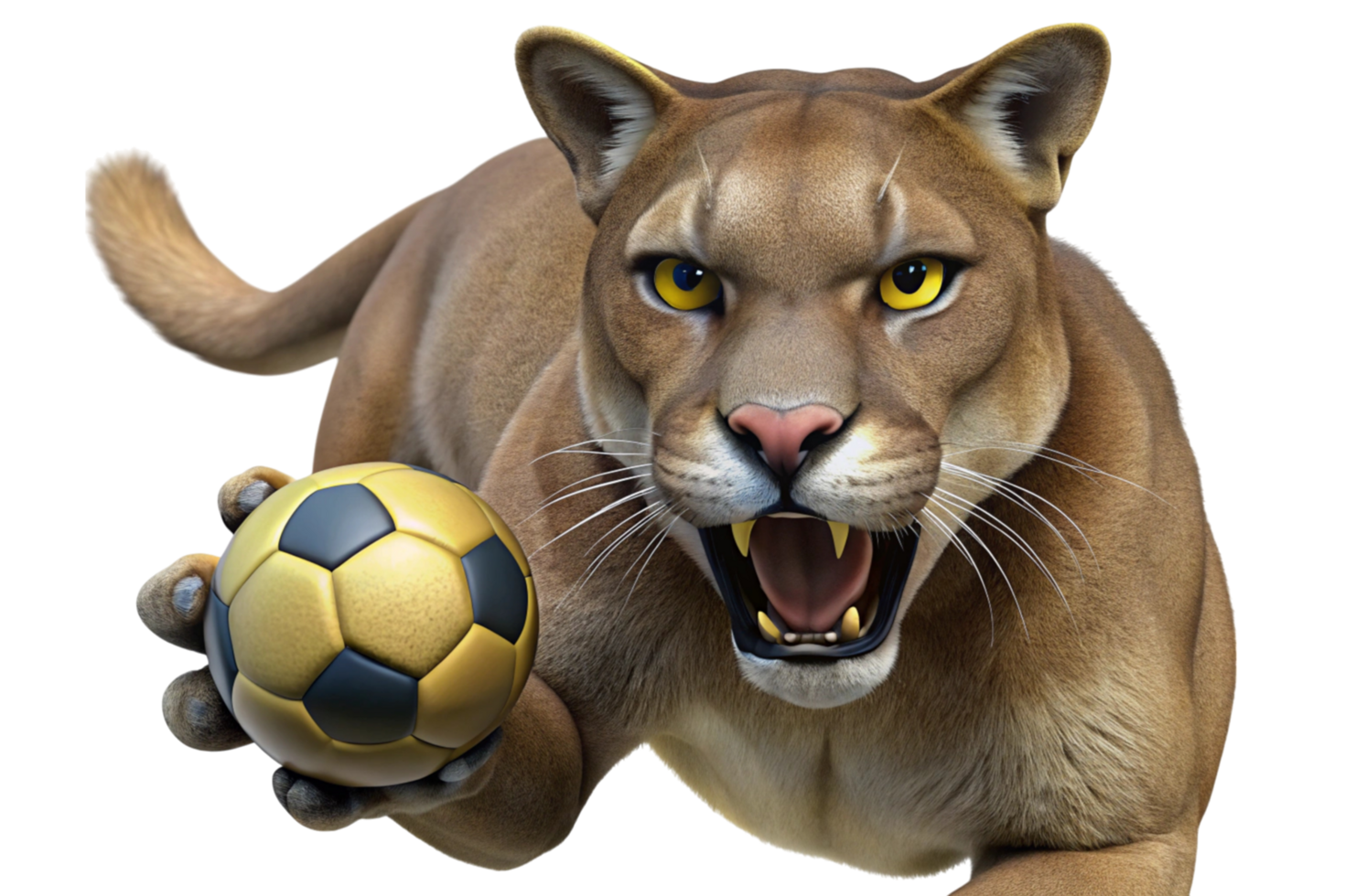 Majestic and fierce brown cougar interacting with a soccer ball, showcasing detailed fur texture, sharp claws, and intense energy. png