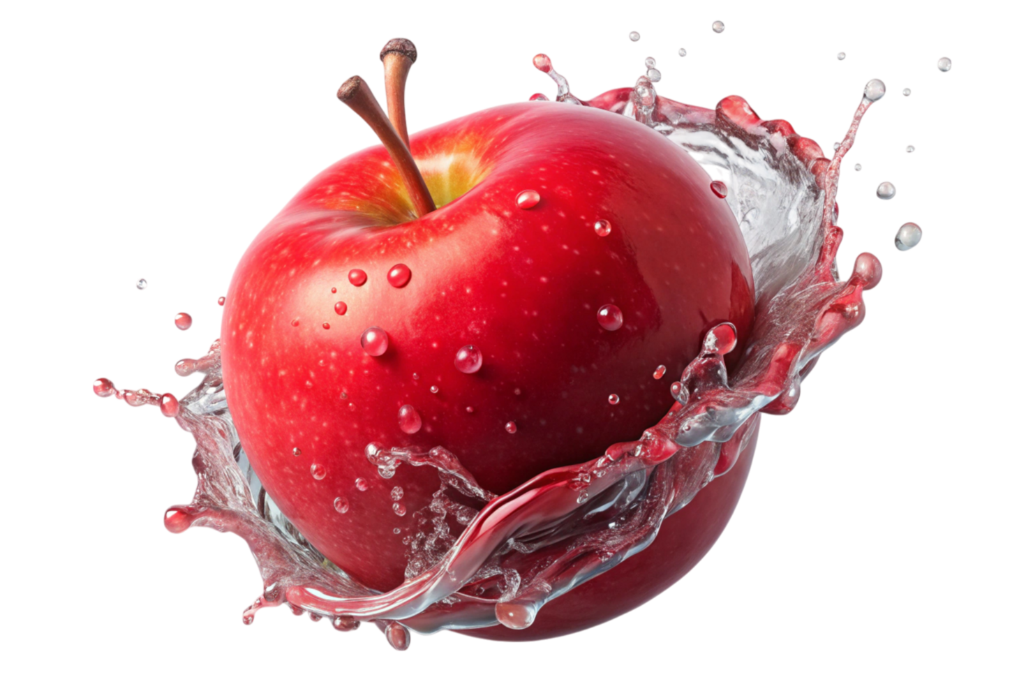 Vibrant red apple with water splash highlighting freshness and vitality in a dynamic motion on a clean transparent background. png